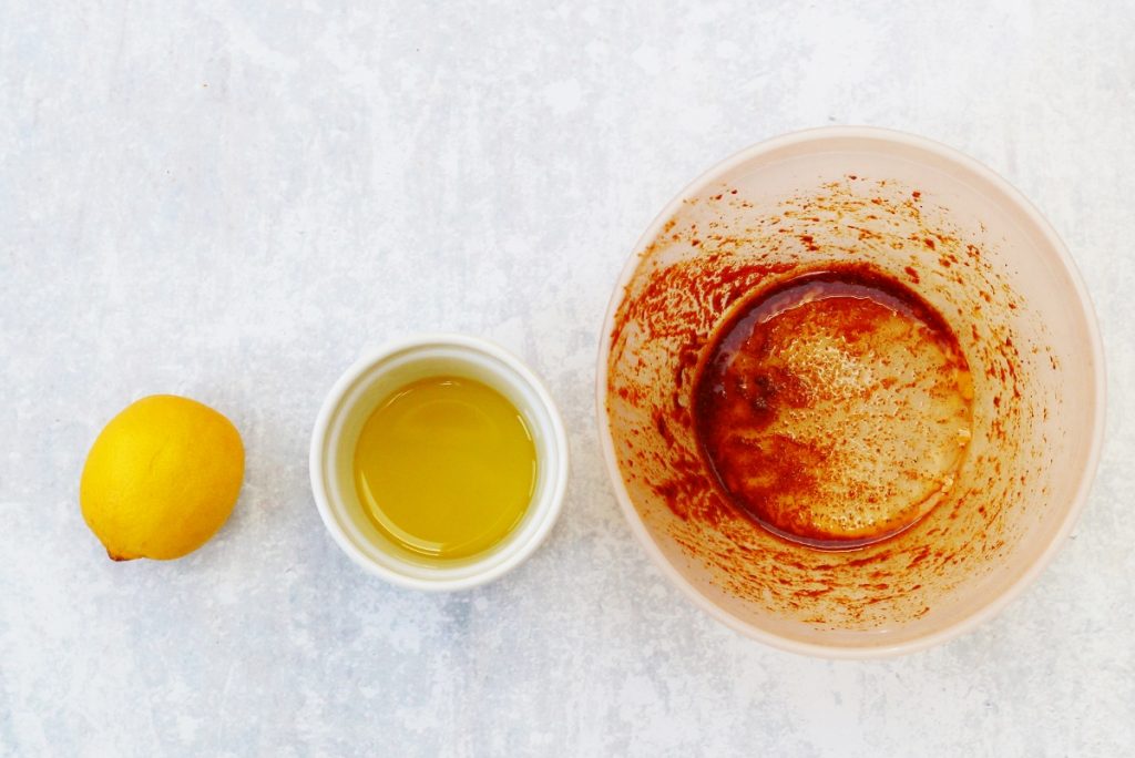 lemon olive oil, and spices to make the dressing for the roasted chickpea salad