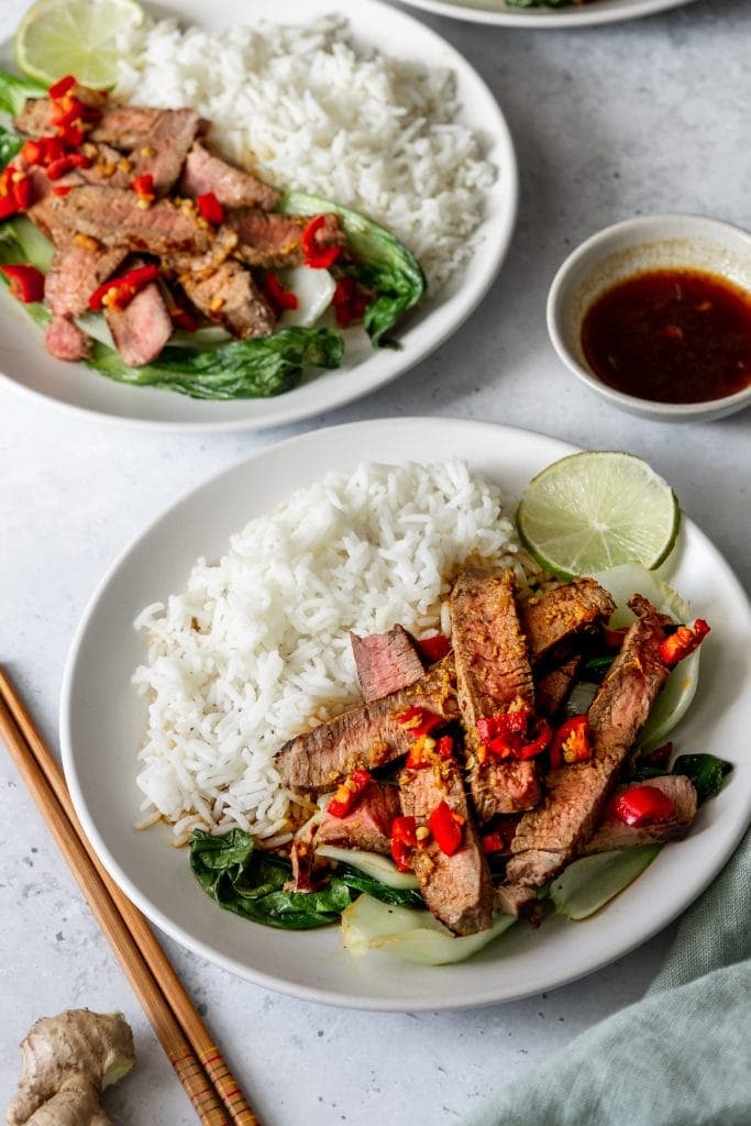 Asian beef, pak choi and rice