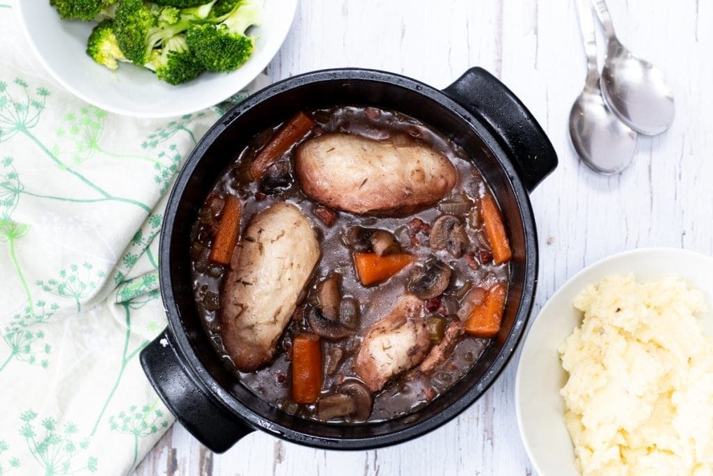 saucepan filled with coq au vin