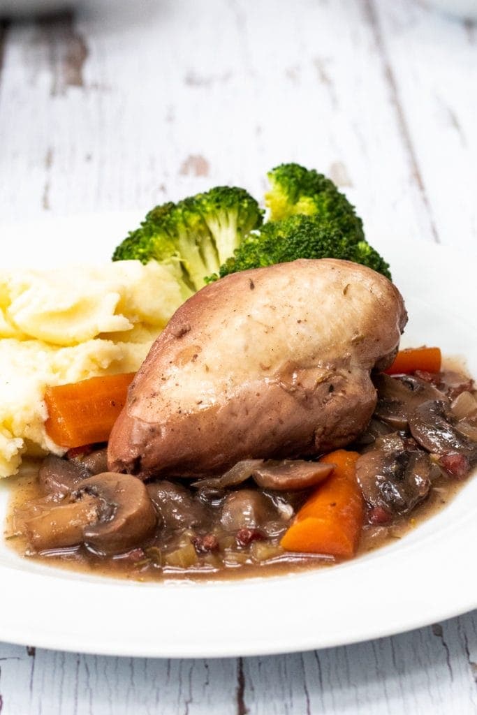 plate of coq au vin made with chicken breast