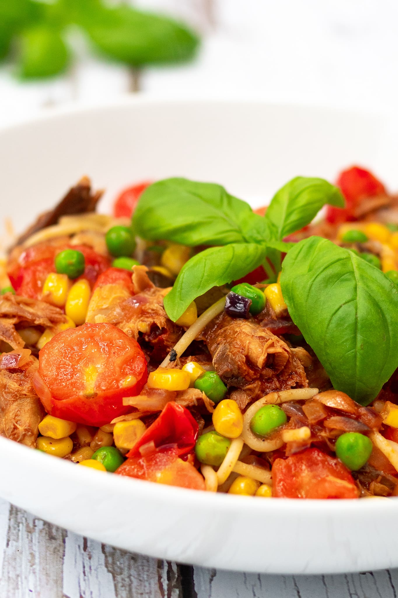 close up of bowl of store cupboard mackerel spaghetti