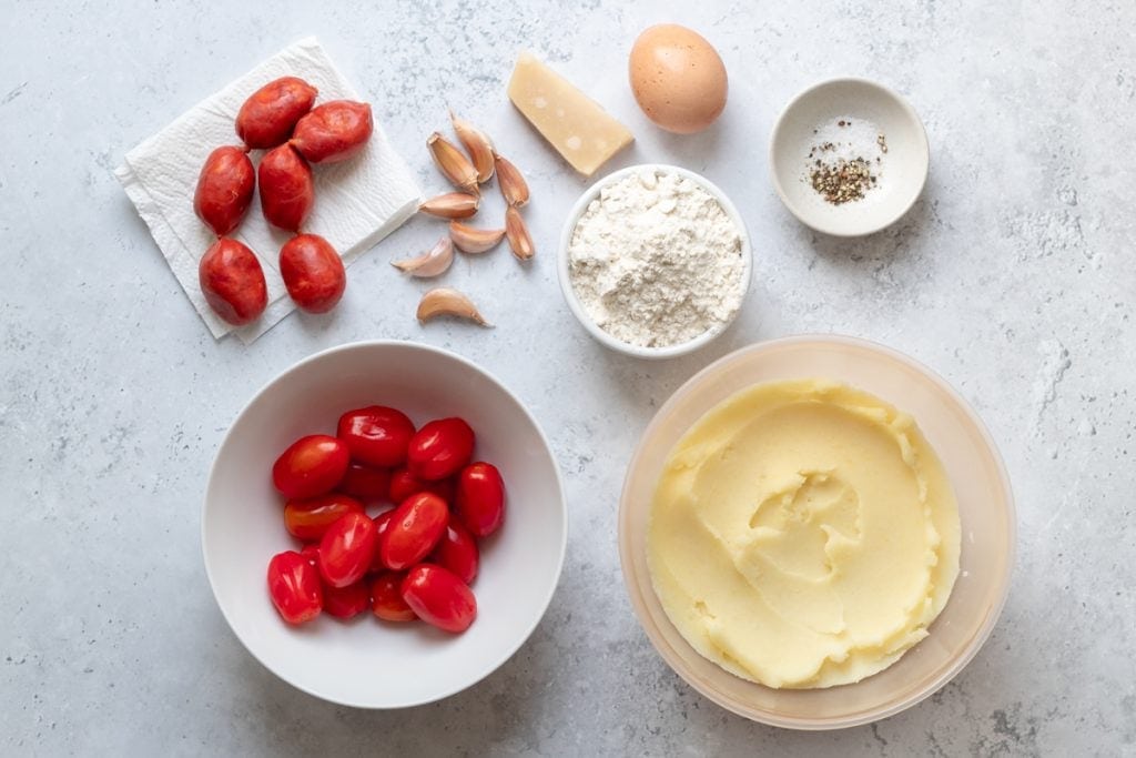 Ingredients for homemade gnocchi with chorizo and garlic