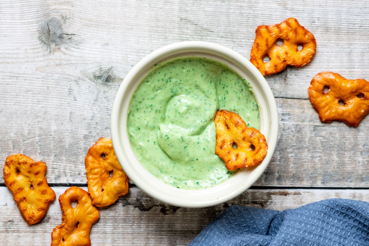 yogurt avocado and coriander dip with pretzels