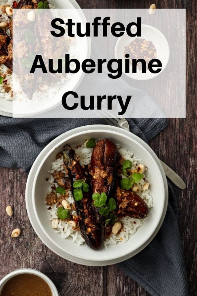 Stuffed aubergine curry pin image