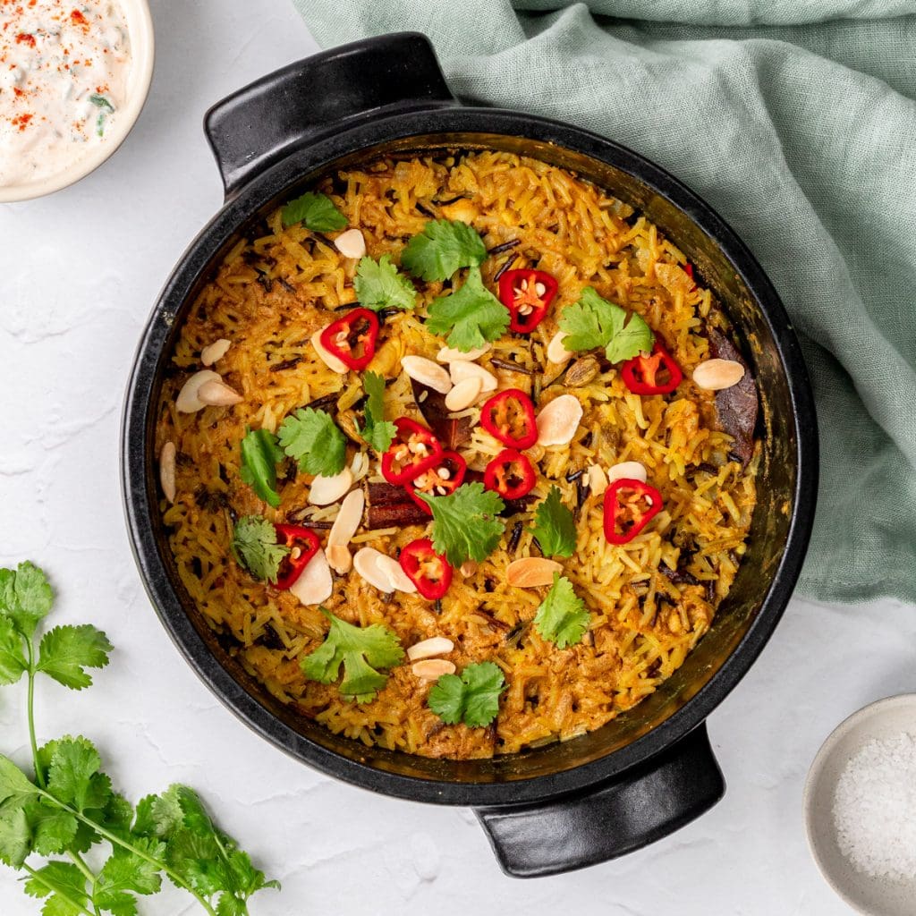 chicken biryani in a pot