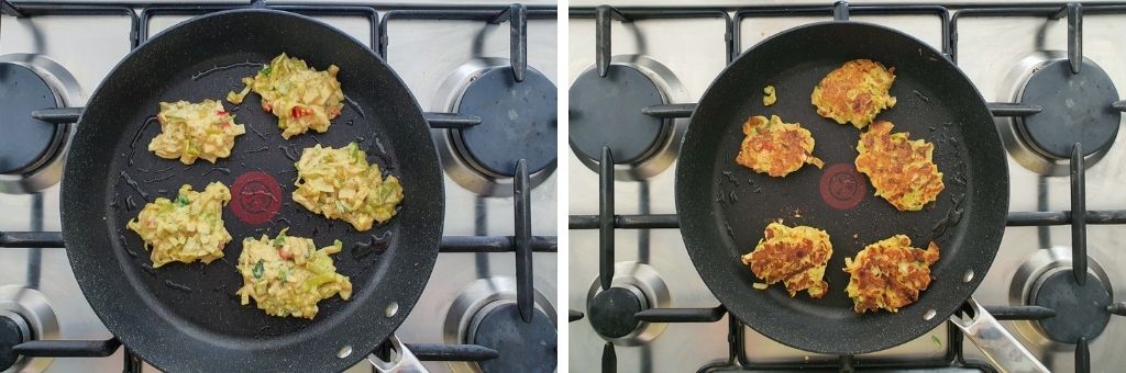 leek fritters cooking in a pan