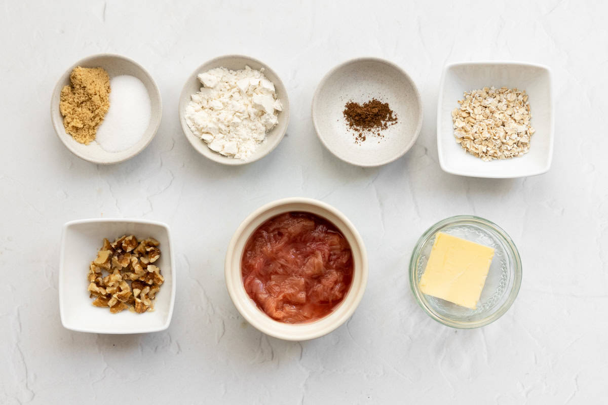 Ingredients for individual rhubarb crumbles