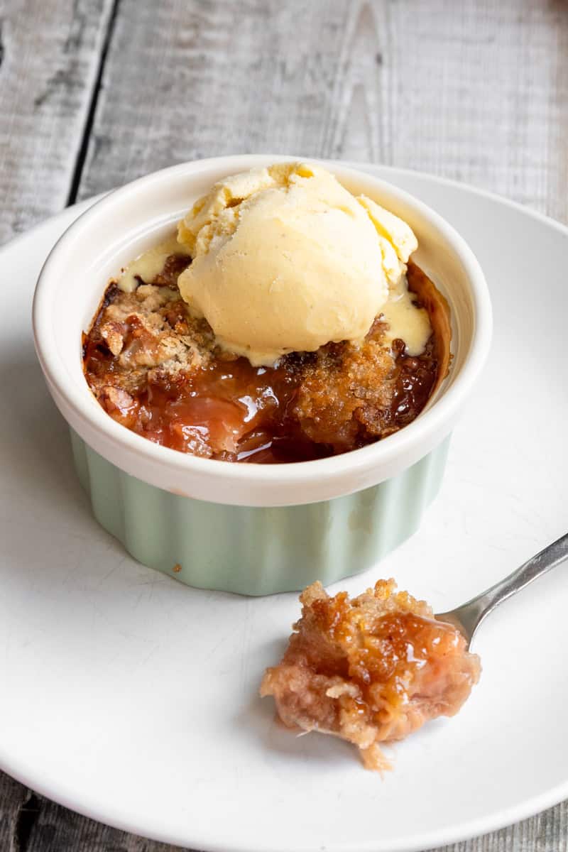 rhubarb crumble with a spoonful taken out