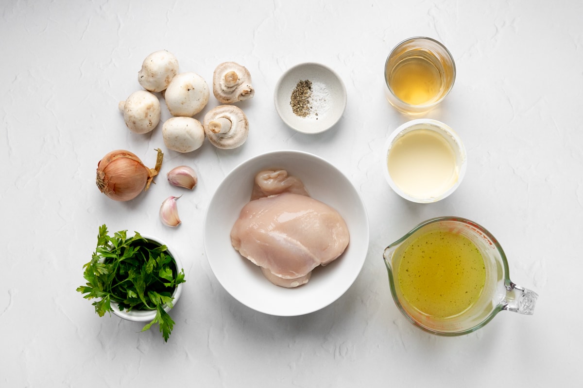 Ingredients for chicken in a creamy mushroom sauce