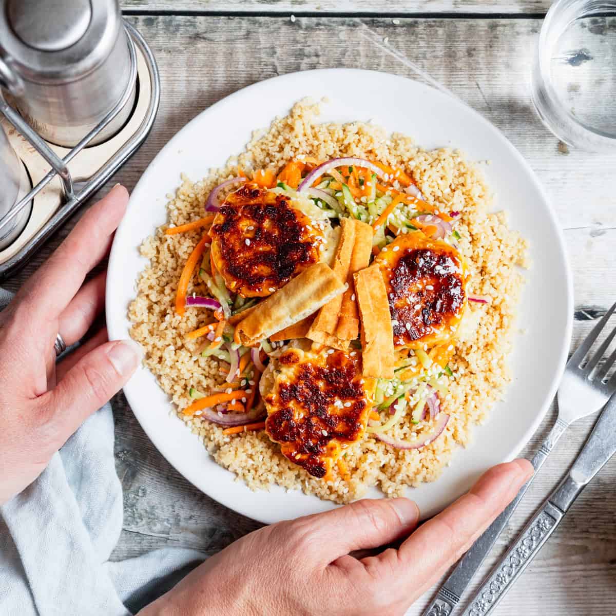 Rainbow vegetable salad with sesame feta fritters