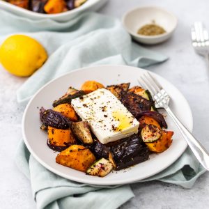 plate of froasted vegetable salad with feta