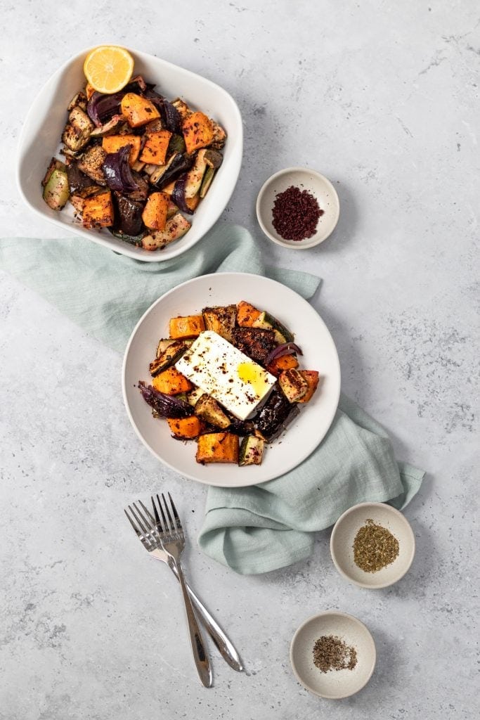 flatlay of roasted vegetable salad