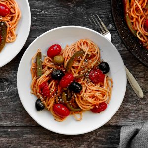 plate of olive and dukkah pasta