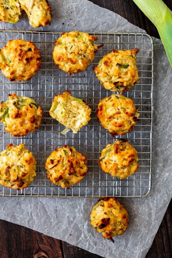 cheddar and leek muffins on a cooling rack