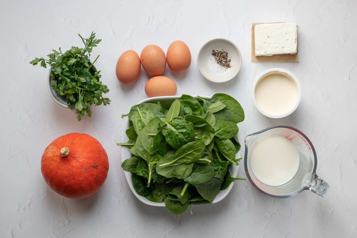 Filling  ingredients for pumpkin feta quiche