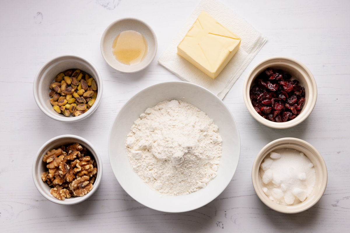 Ingredients for nut and cranberry biscuits