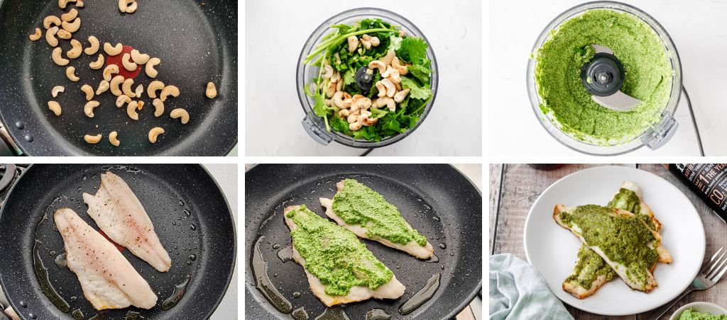 how to make cashew coriander pesto on sea bass