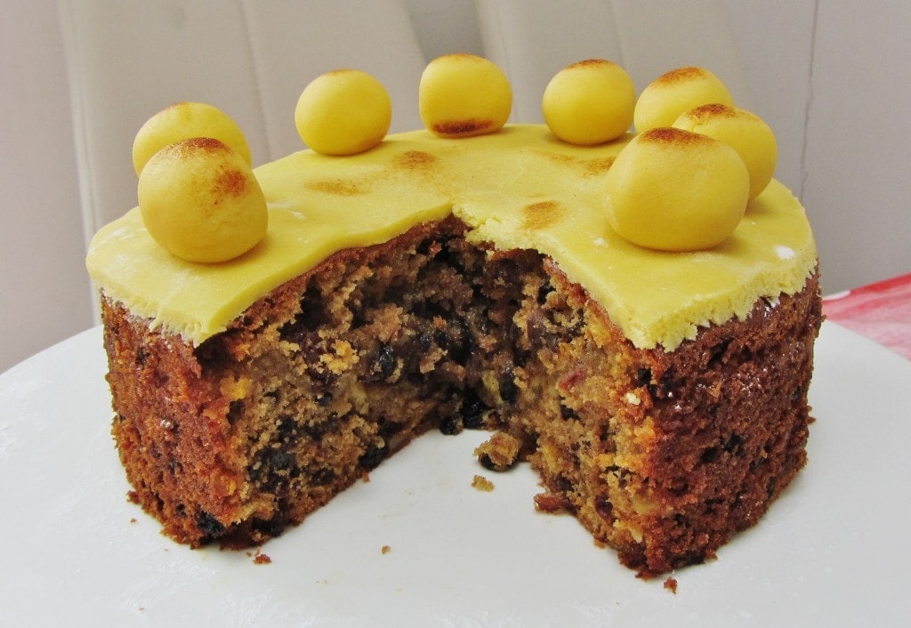 Easter Simnel cake Simnel cake with a chunk cut out