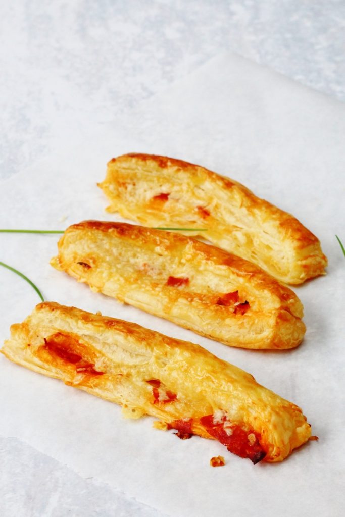 Cheese and chorizo straws made with ready rolled puff pastry