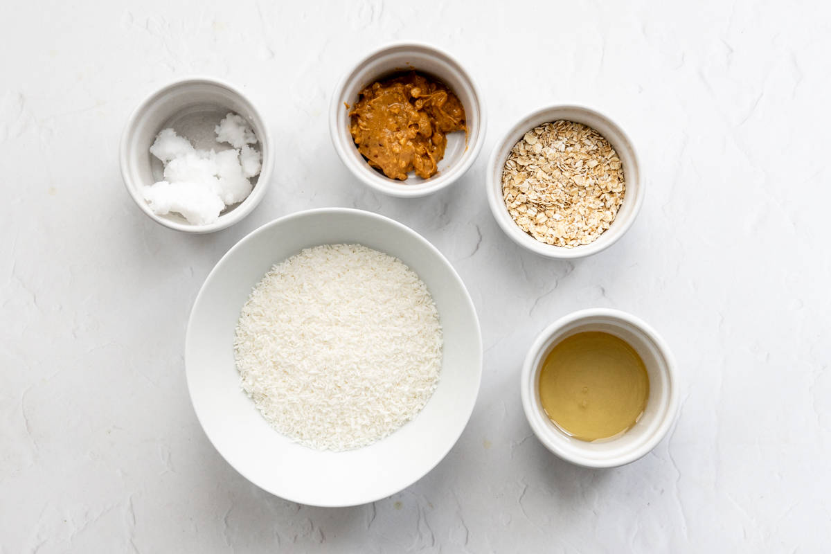Ingredients for homemade coconut peanut butter bars