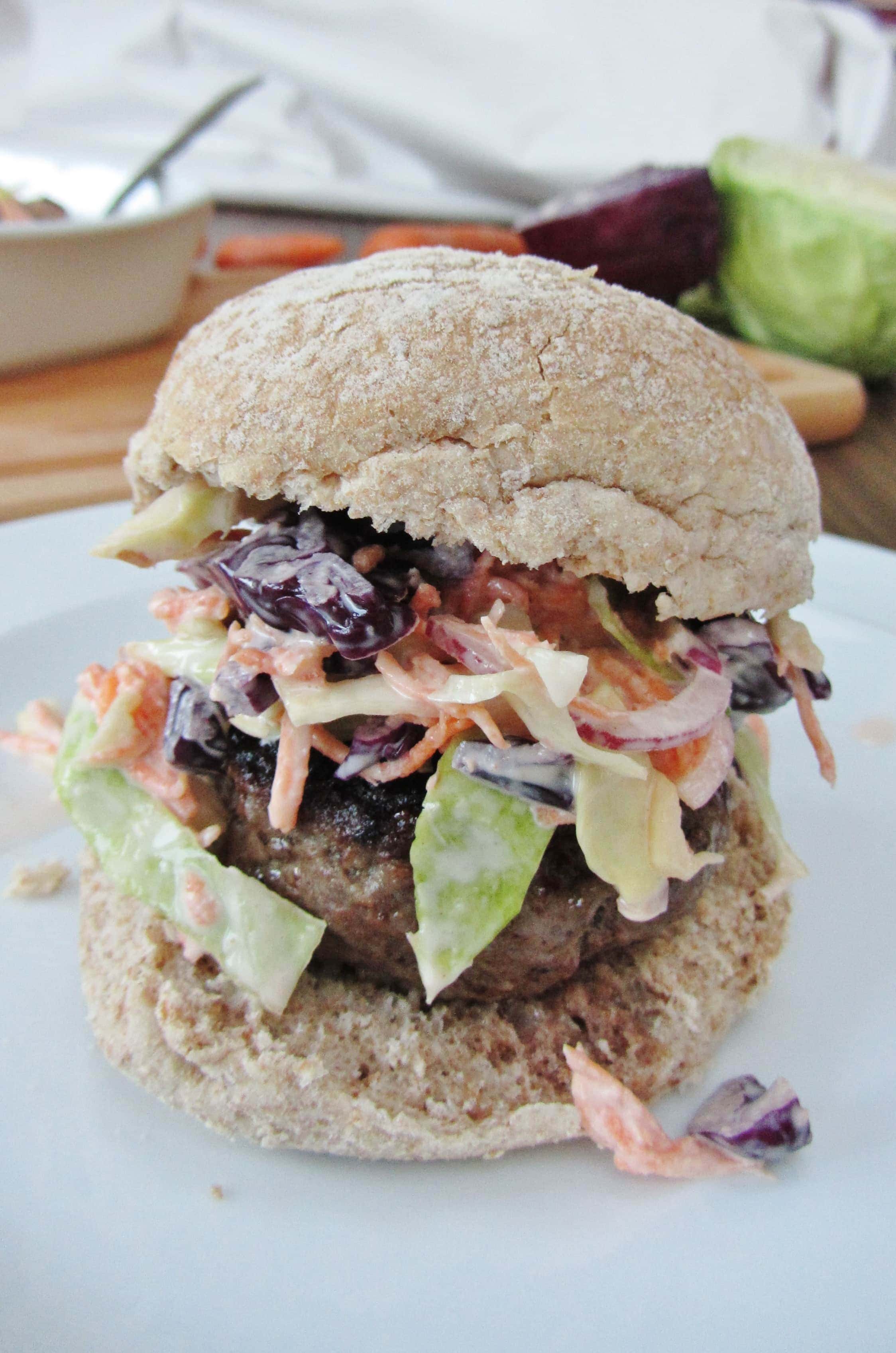 Homemade burger with char siu coleslaw