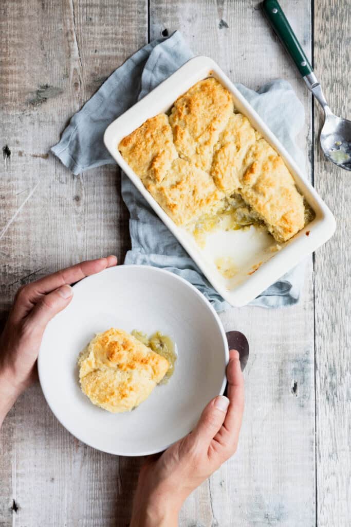 gooseberry cobbler in serving dish and bowl