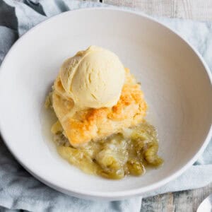 gooseberry cobbler topped with ice cream