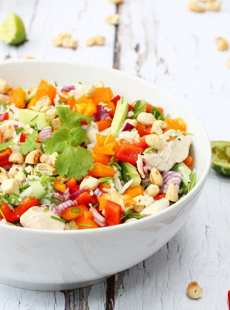 Vietnamese rice salad with chicken in a large serving bowl