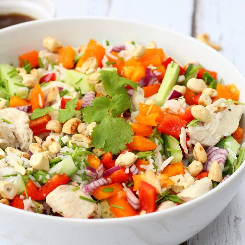 close up of vietnamese chicken rice salad