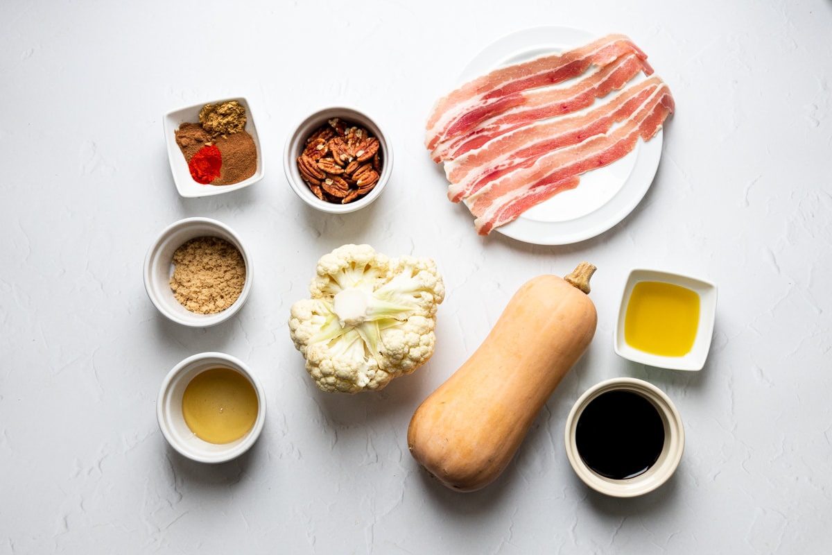 Ingredients for butternut squash cauliflower bacon salad