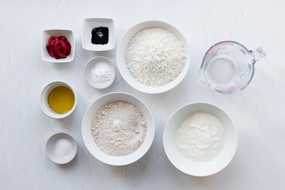 Ingredients for tomato and nigella seed quick bread