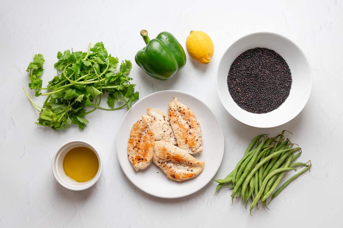 Ingredients for black quinoa and chicken salad