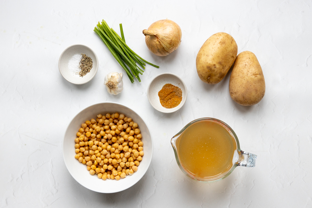 Ingredients for roasted garlic and potato soup