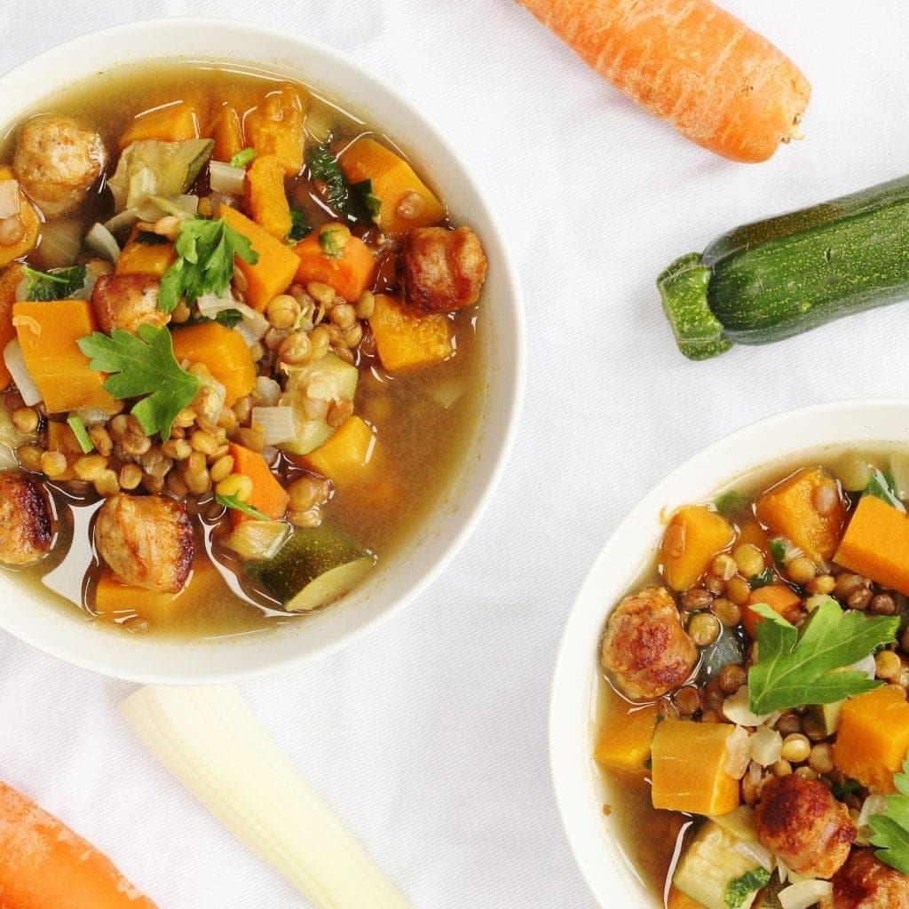 sausage lentil and vegetable soup sausage and letili soup bowls from above
