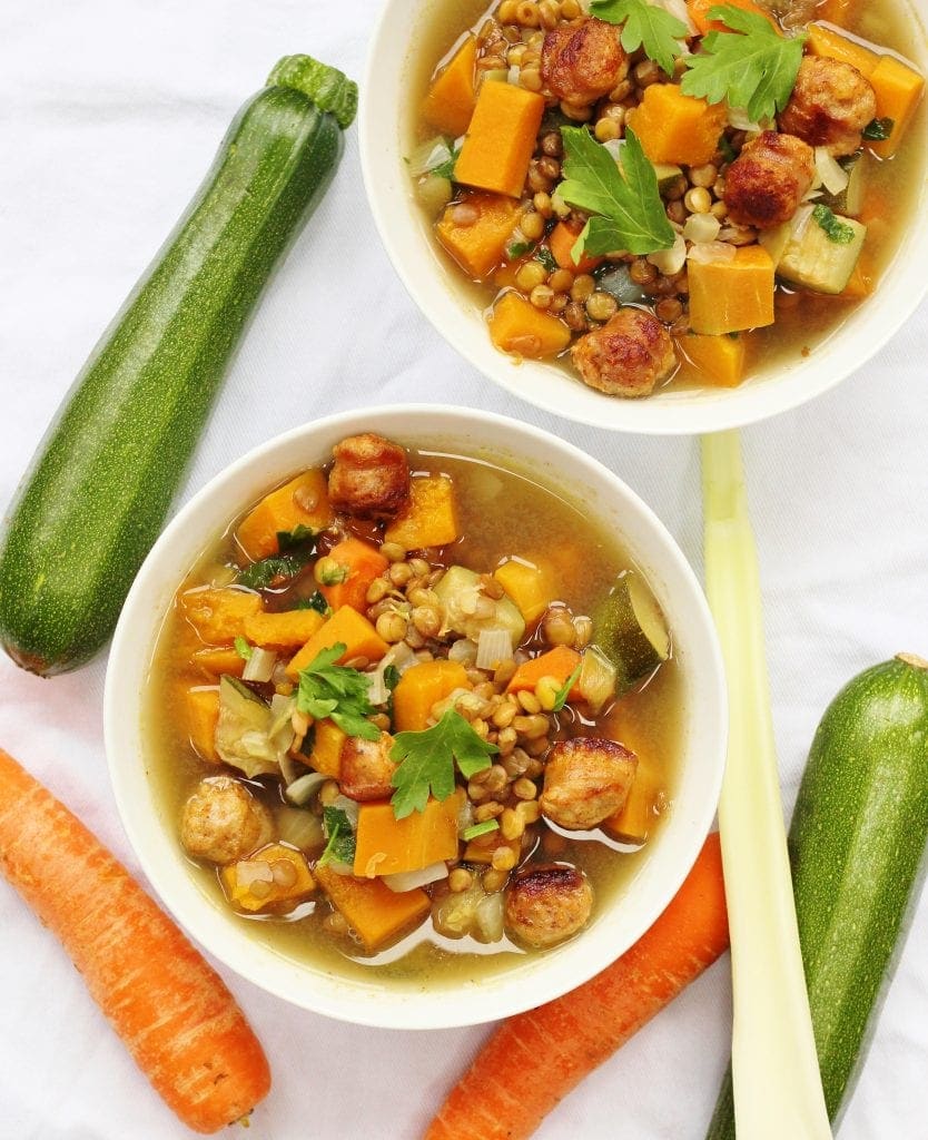 sausage lentil and vegetable soup Two bowls of sausage lentil and vegetable soup