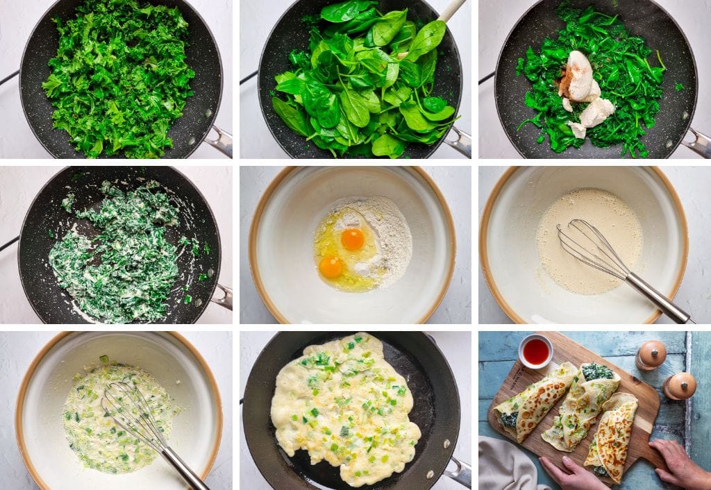 How to make leek pancakes filled with spinach kale and ricotta step by step