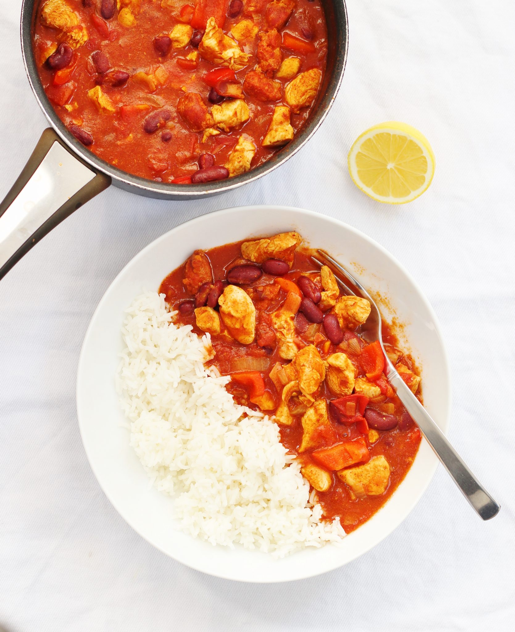 pan and bowl of gluten free chicken chilli