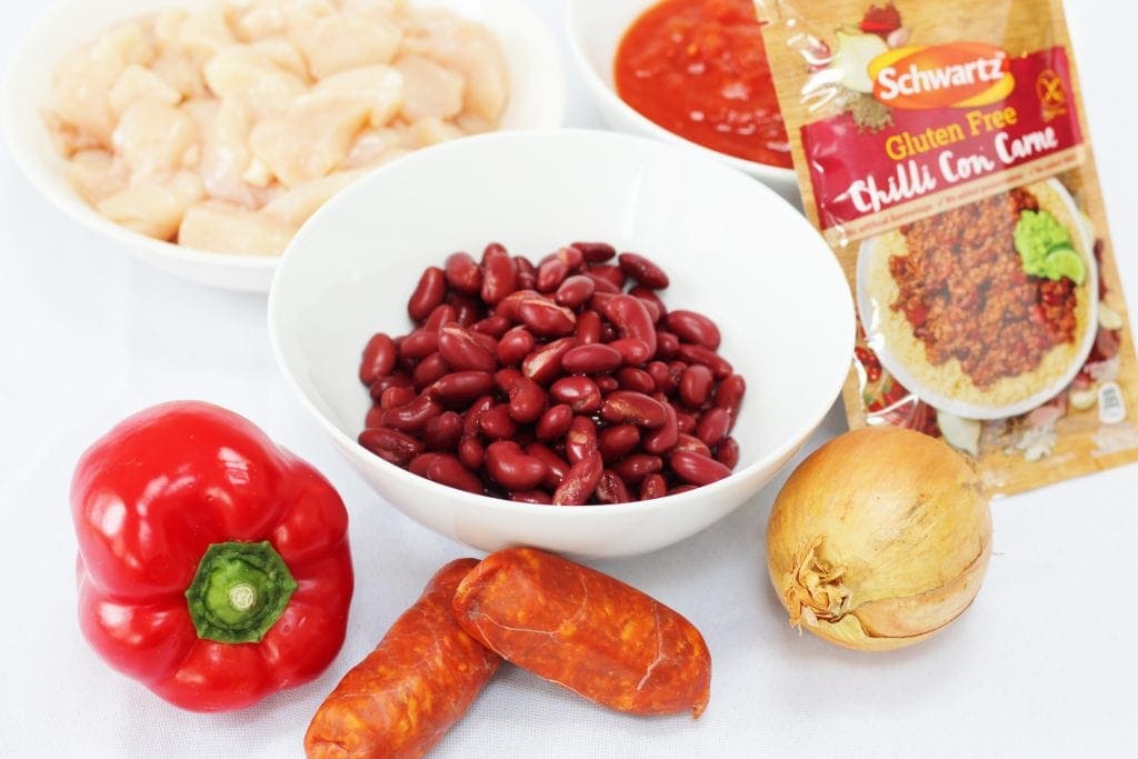 Ingredients for Schwartz gluten free chilli chicken with chorizo