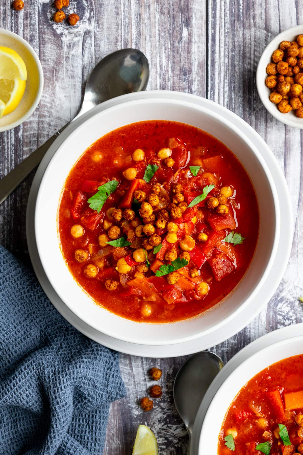 Flatlay of spicy tomato and chickpea soup