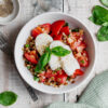 bowl of spelt, lentil caprese salad