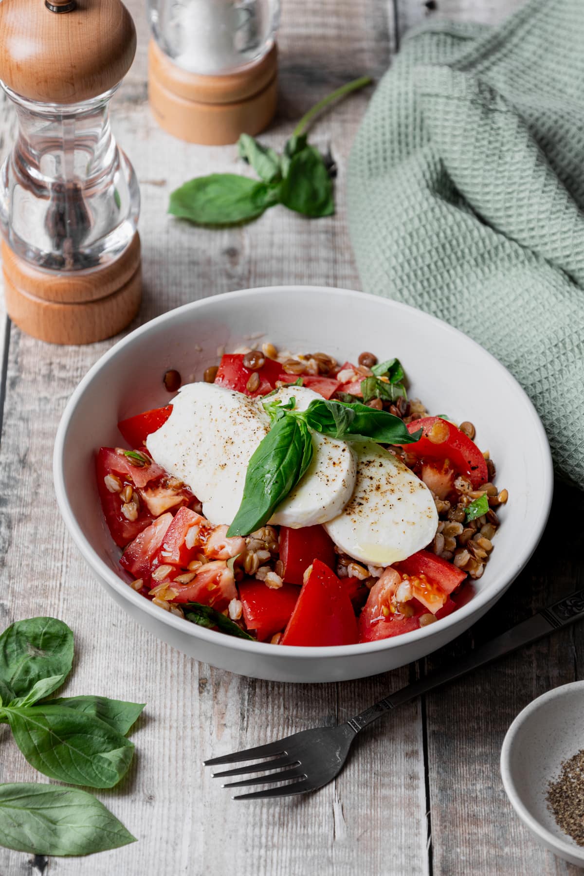 Mozzarella, tomato, lentil and spelt salad in a bowl