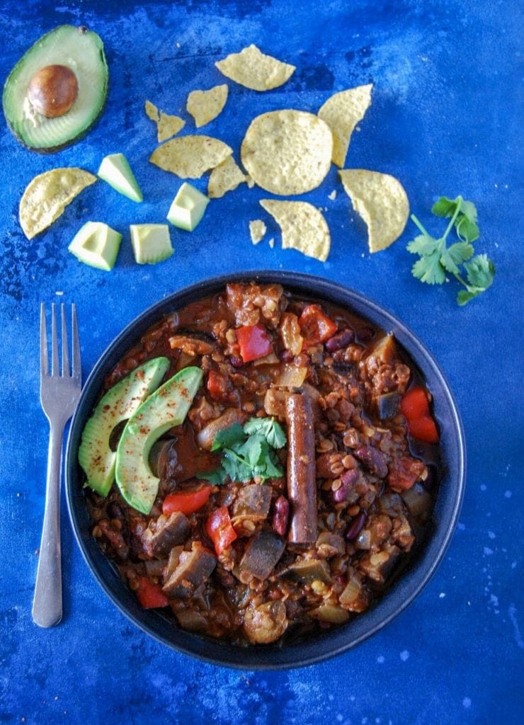 aubergine mushroom and lentil chilli - vegan batch cooking