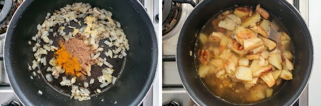adding the spices and roasted vegetables to the saucepan