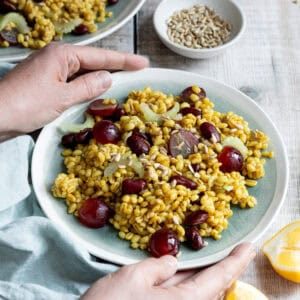 Plate of curried pearl barley salad