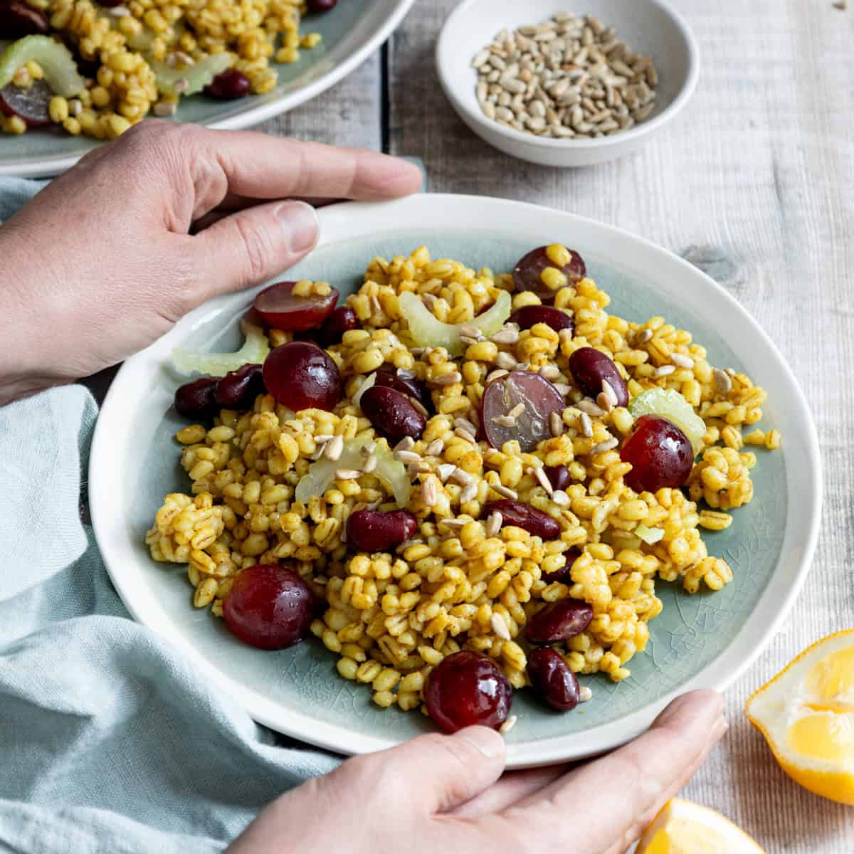 Plate of curried pearl barley salad