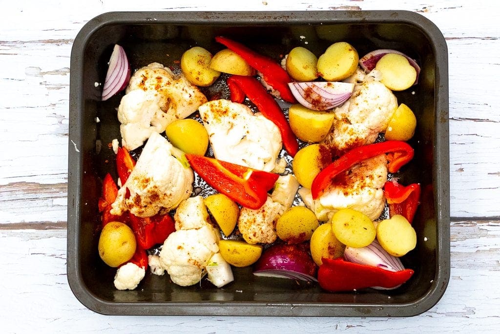 Vegetables and ral el hanout ready for the oven.