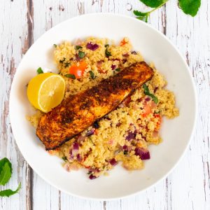 Moroccan Spiced Salmon in a bowl with couscous