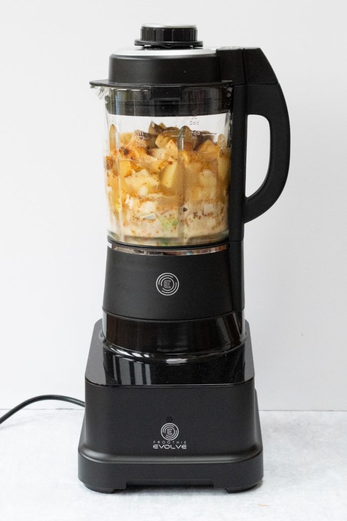 leek and potato soup in the Froothie Evolve blender before cooking and blending
