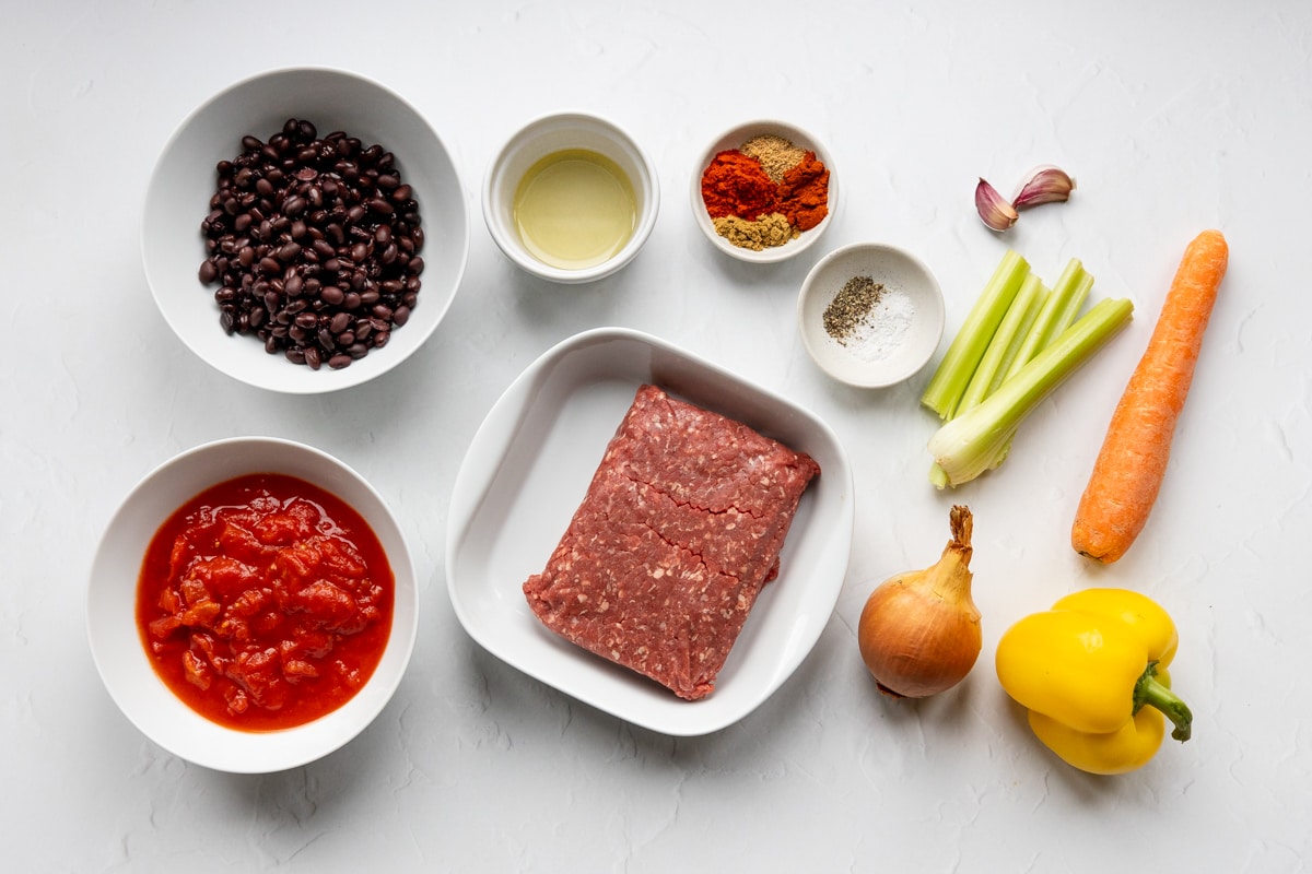 Ingredients for easy healthy chilli con carne with hidden vegetables