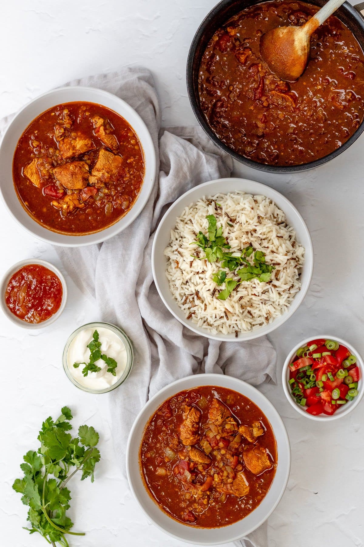 Flatlay of chicken dhansak curry